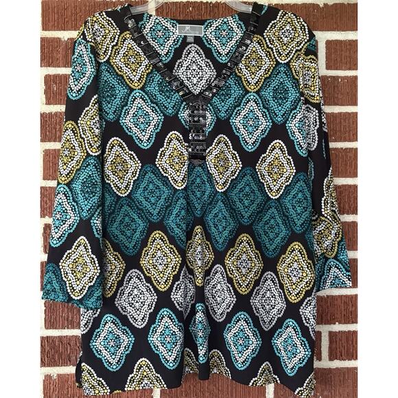 JM Collection Beaded and Sequins Neck Stretch Blouse Top 3/4 Sleeve Sz PXL - Picture 1 of 4